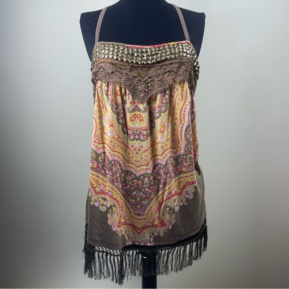 Free People Paisley Multi Media Strappy Top with Fringe Tulip Back Size M - Picture 10 of 16